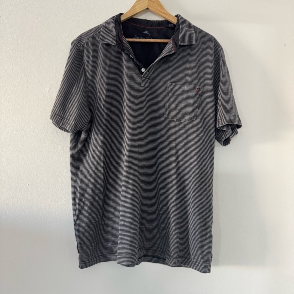 Tommy Bahama Men’s XL Grey Striped Polo Shirt Classic Casual Cruise Beach Resort